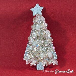 Vintage White & AB Beaded Cha Cha Style Christmas Tree Silver Tone Brooch Pin